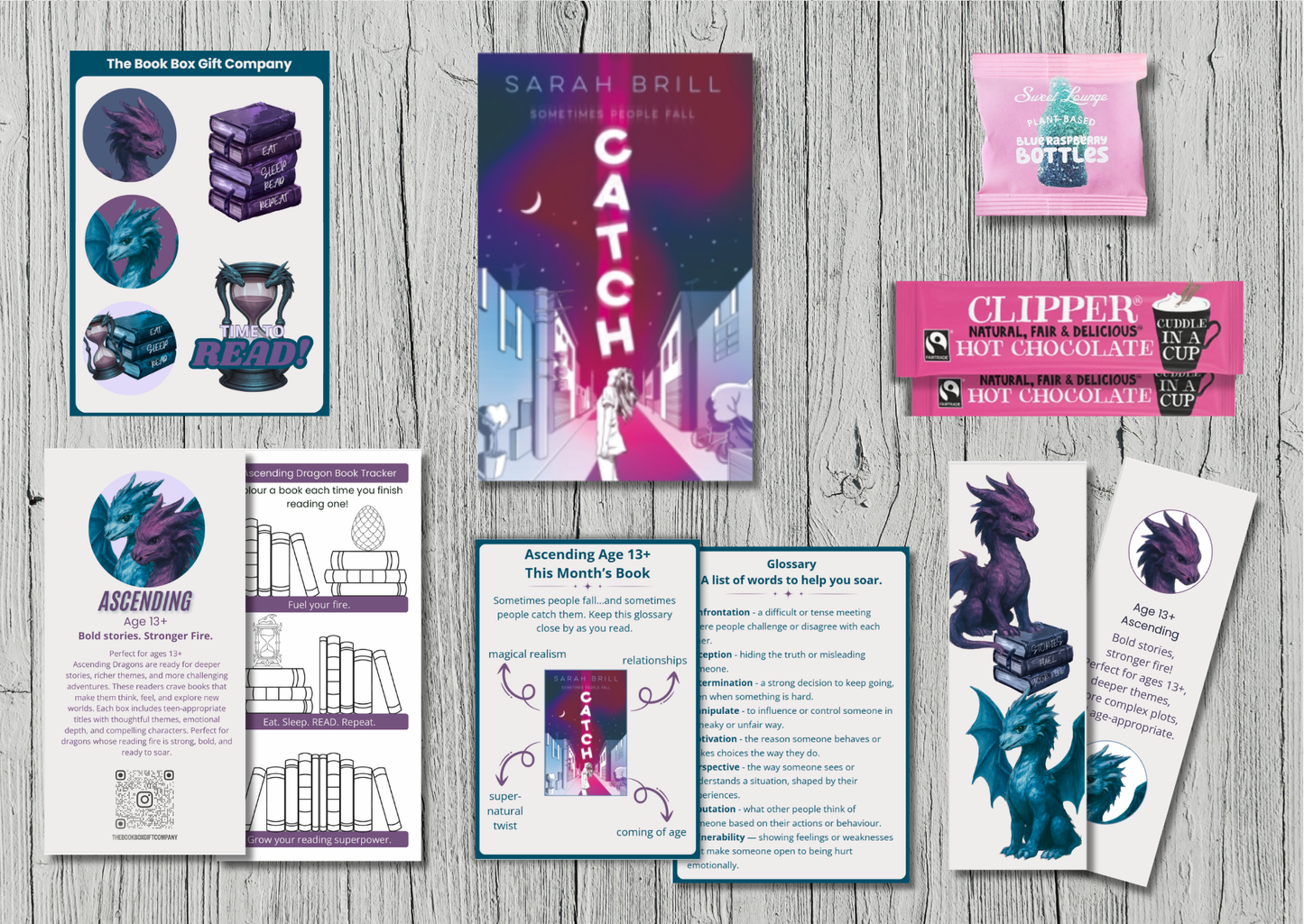 Teen's monthly book subscription gift, with sweets, bookmark and  stickers.