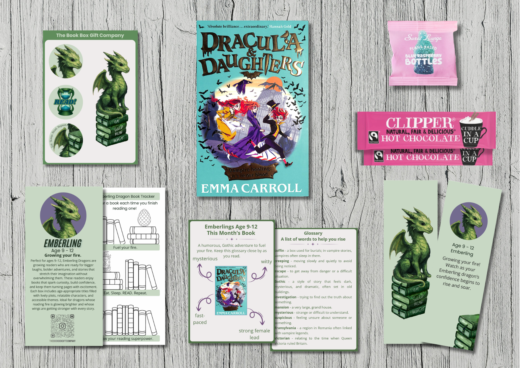 Tweens's monthly book subscription gift, with sweets, bookmark and  stickers.
