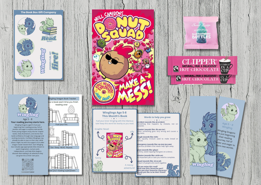 Children's monthly book subscription gift, with sweets, bookmark and  stickers.